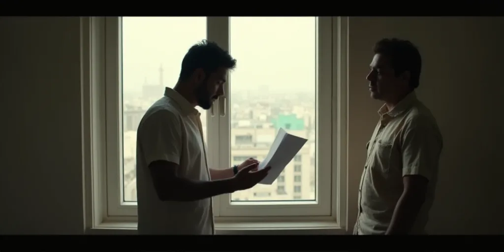 a man standing next to a window holding a piece of paper in his hand and looking at it while another