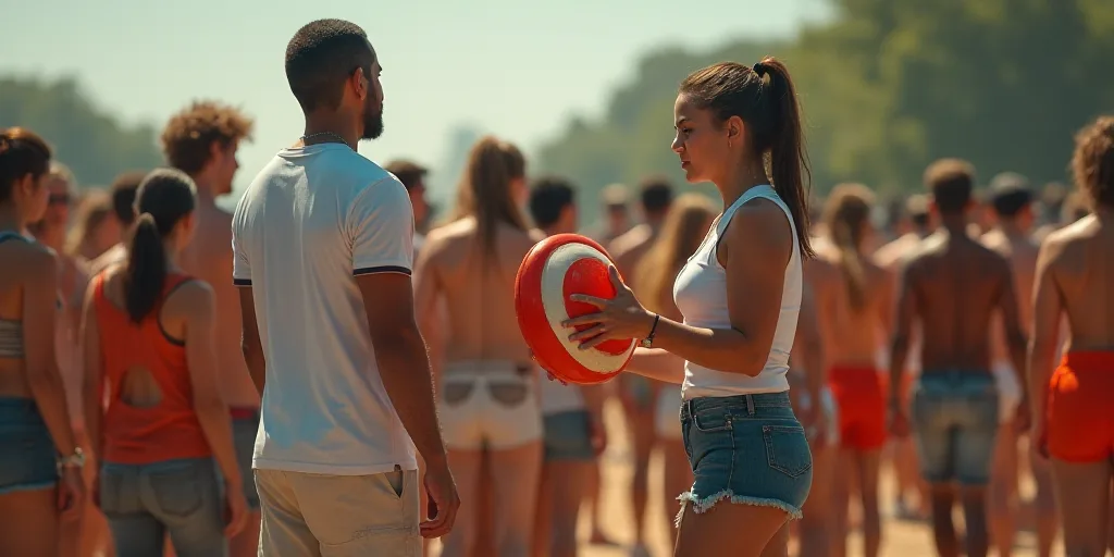 a man standing next to a woman holding a red and white frisbee in front of a crowd of people, Carlos