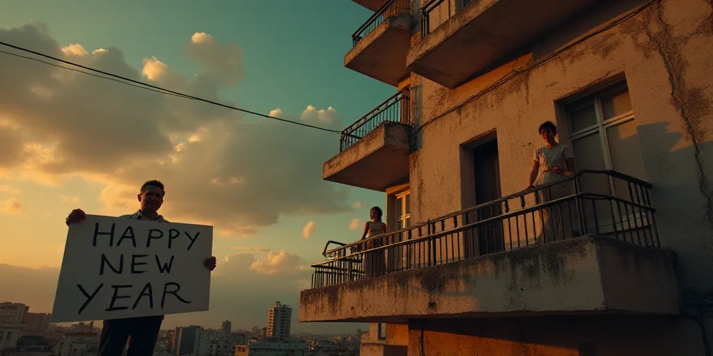 a man standing on a balcony holding a sign that says happy new year and a woman standing on a balcon