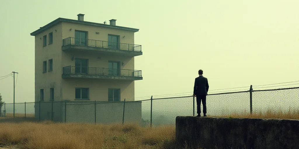 a man standing on a balcony next to a fence and a building with a balcony on top of it, De Hirsh Mar