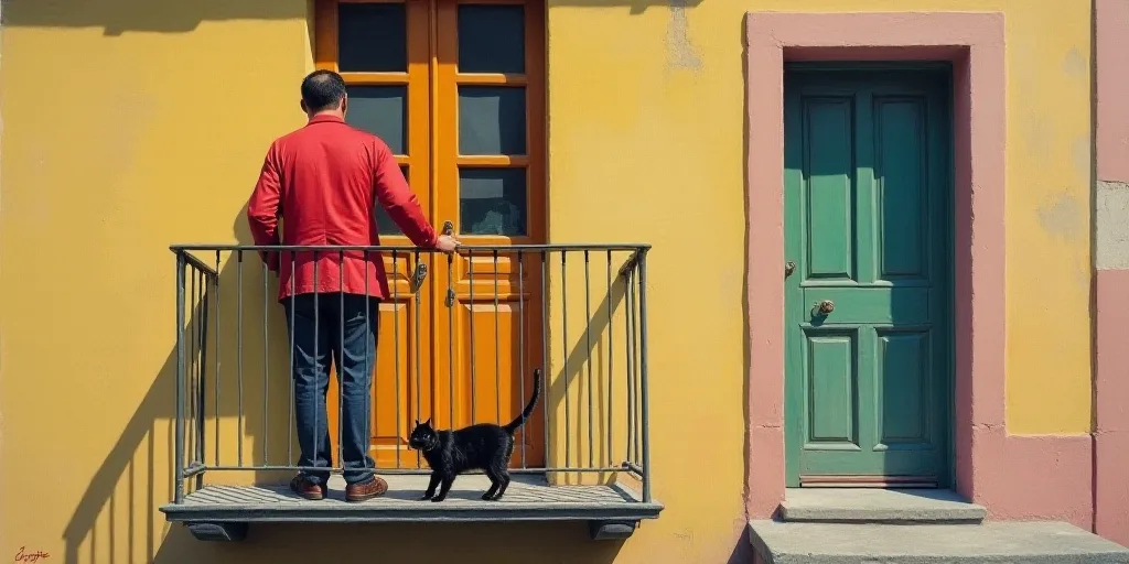 a man standing on a balcony with a red jacket on and a black cat in front of him and a door, Estuard