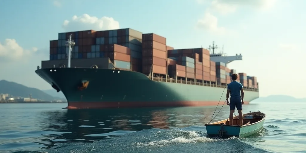 a man standing on a boat in the water next to a large container ship with containers stacked on top