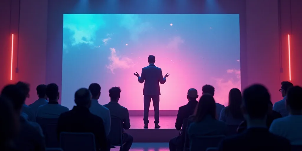 a man standing on a stage giving a presentation to a crowd of people in front of a large screen, Bet