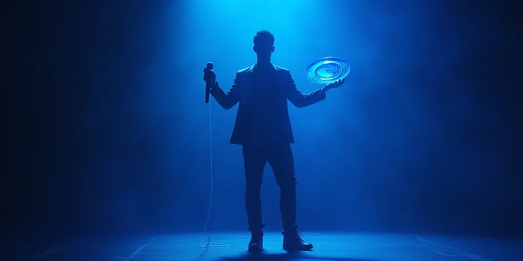a man standing on a stage holding a blue frisbee in his hand and a microphone in his other hand, Cui