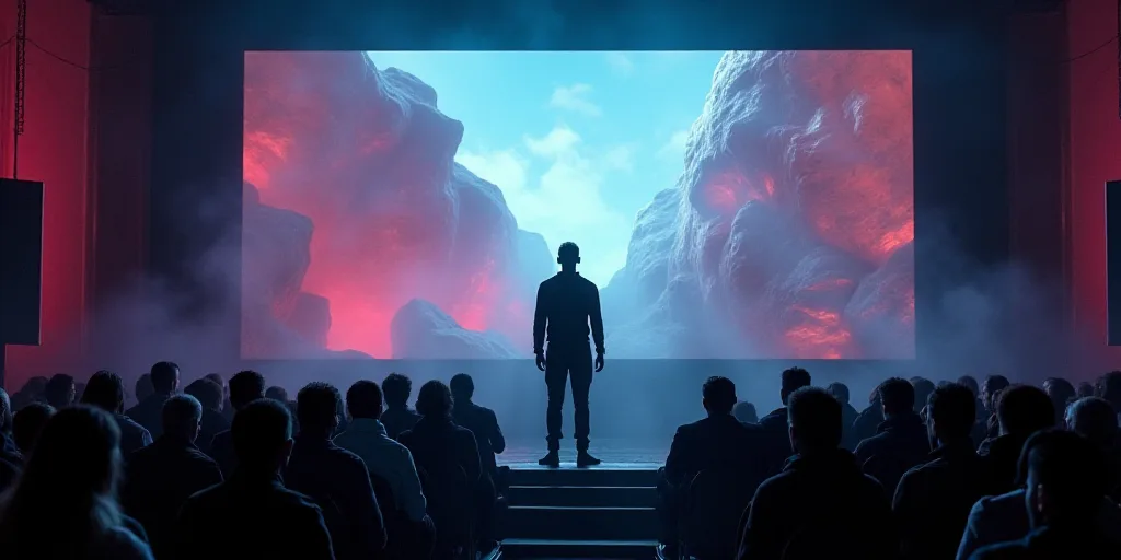 a man standing on a stage in front of a crowd of people in front of a screen with a movie on it, Eva