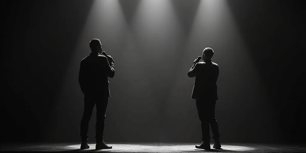 a man standing on a stage with a microphone in his hand and a man standing on the stage with a micro