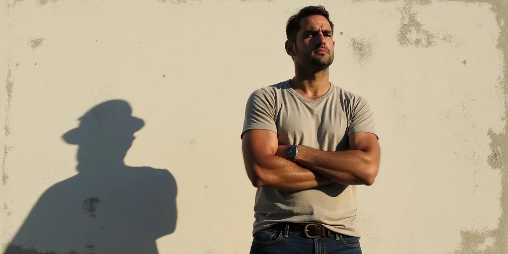 a man standing with his arms crossed in front of a wall with a shadow of a building on it, Ahmed Kar