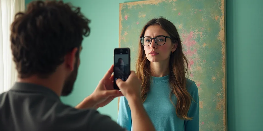 a man taking a picture of a woman and a man with a cell phone and a woman with a pixelated face, Ara