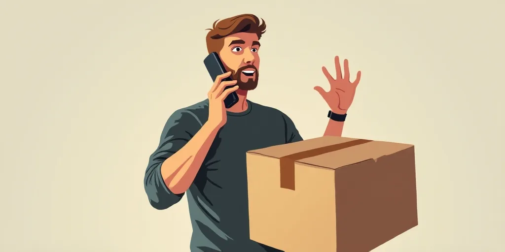 a man talking on a cell phone while holding a box in front of him and gesturing with his hands, Andr