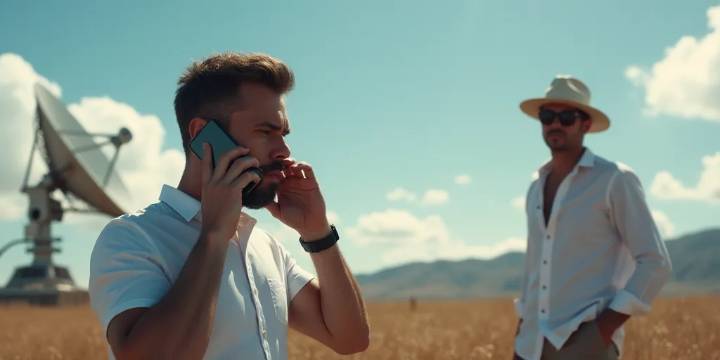 a man talking on a cell phone next to a satellite dish and a man in a white shirt with a cell phone,