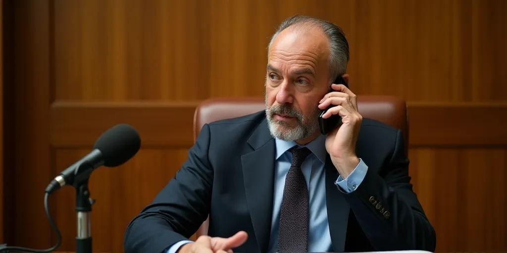 a man talking on a cell phone while sitting in a chair with a microphone in front of him and a woode