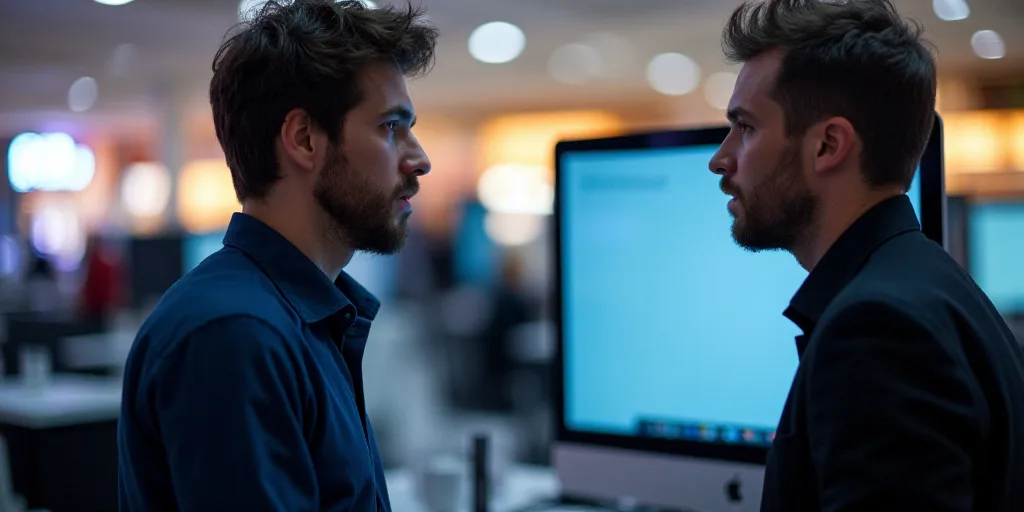 a man talking to another man in front of a computer screen at a trade show in a mall or mall, Andrie