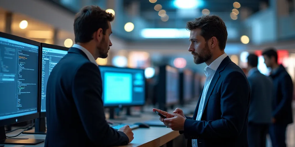 a man talking to another man in front of a computer screen at a trade show in a mall or mall, Andrie