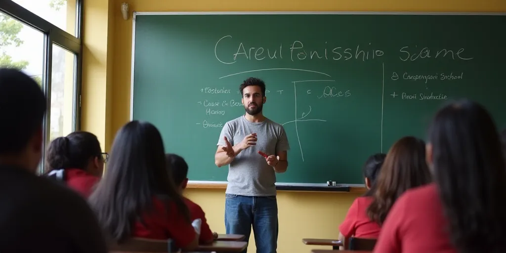 a man teaching a class of students in a classroom with a whiteboard and a blackboard behind him, Car