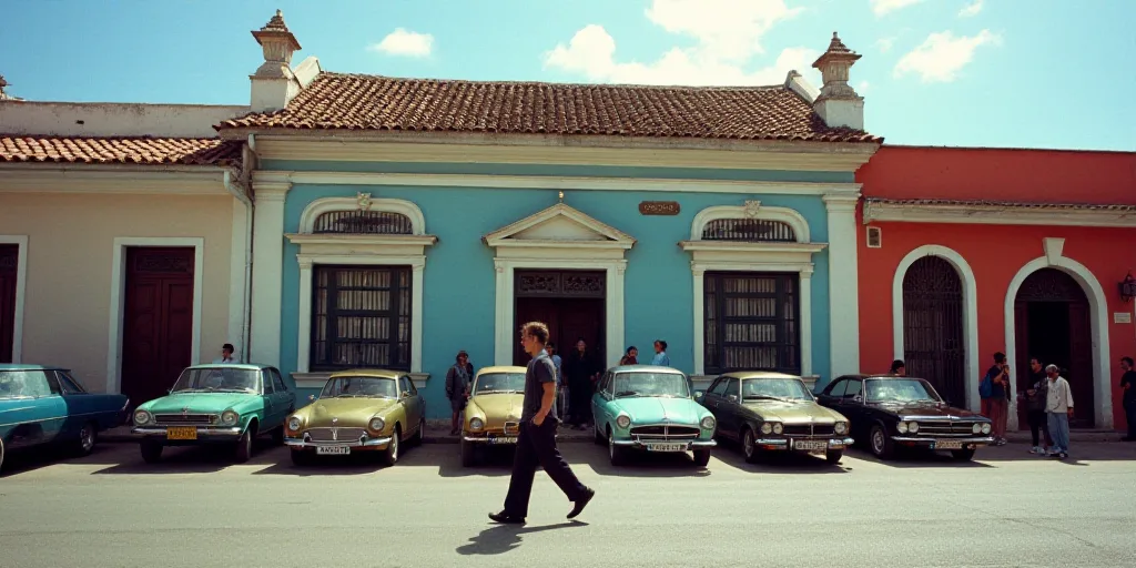 a man walking across a street in front of a building with cars parked in front of it and people walk