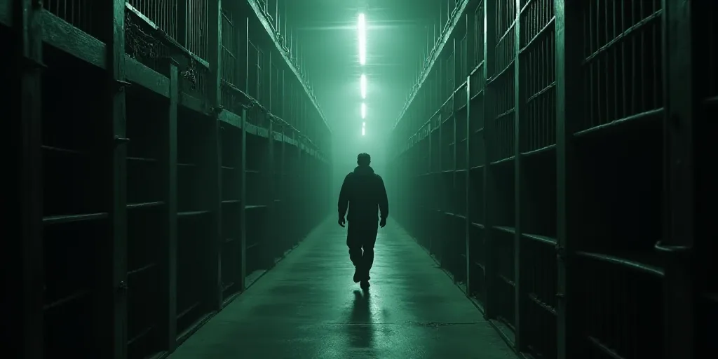 a man walking down a long hallway in a jail cell area with lots of shelves and bars on both sides, A