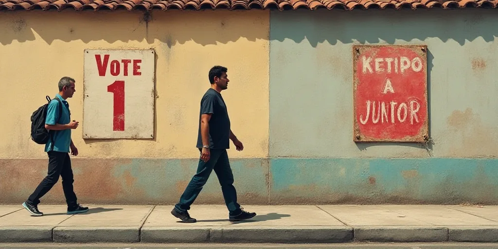 a man walking down a sidewalk past a wall with a sign on it that says vote 1 junior and a man with a