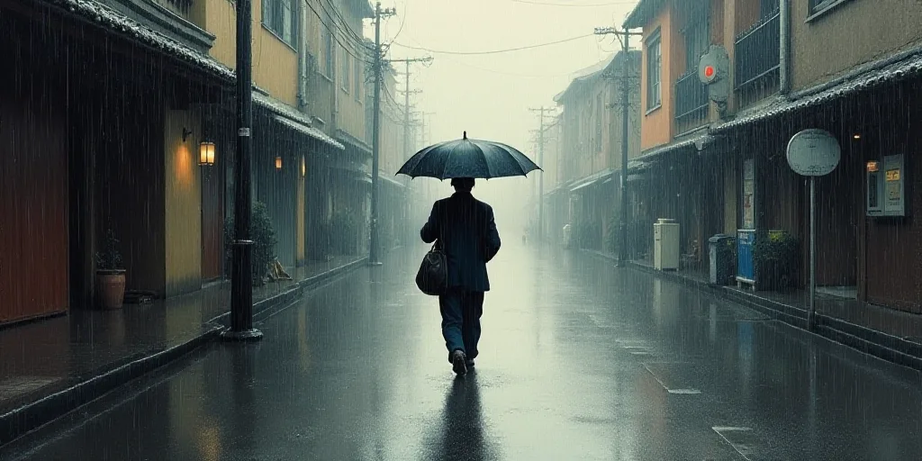a man walking down a street holding an umbrella in the rain with a bag on his shoulder and a bag on