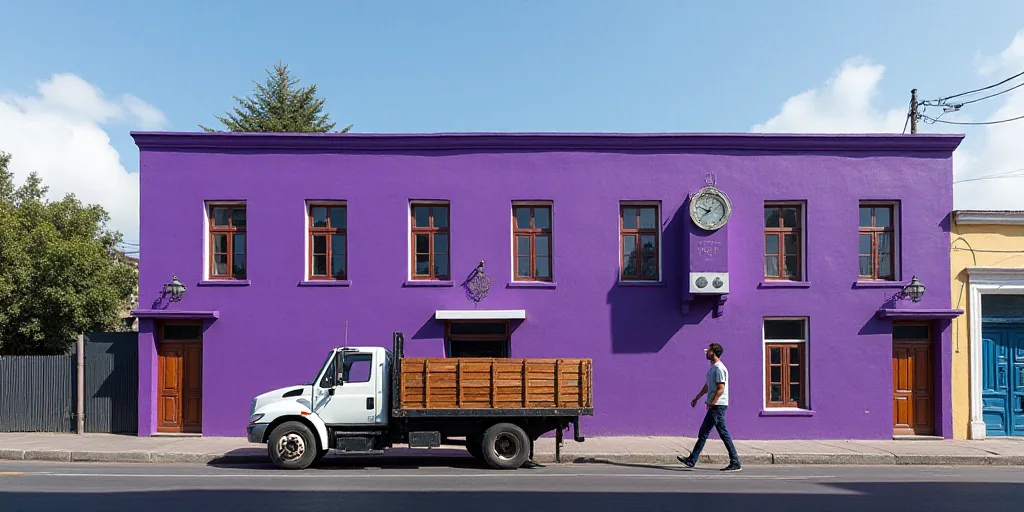 a man walking down a street past a purple building with a clock on it's side and a truck parked in f