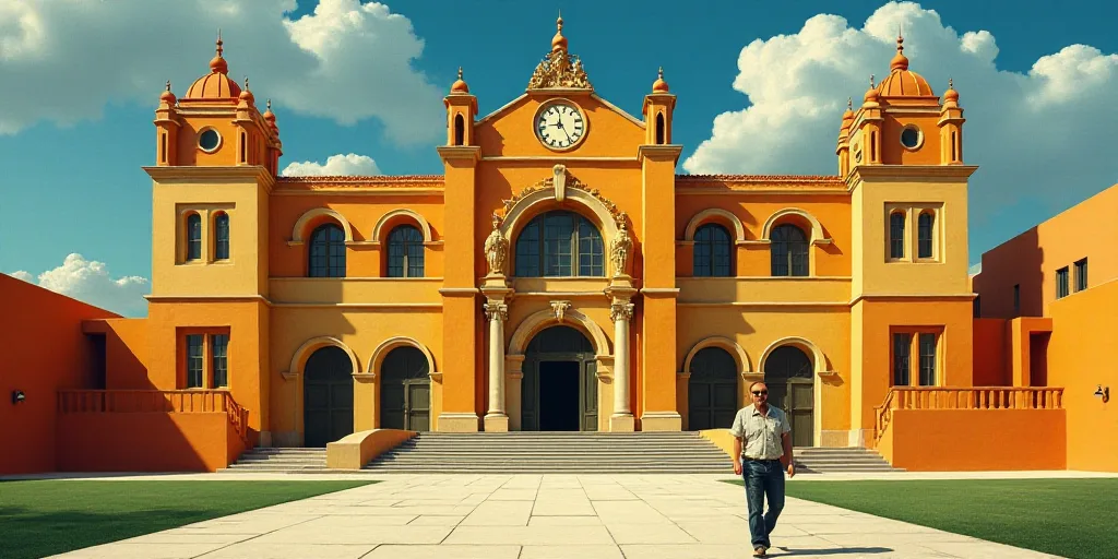 a man walking in front of a large building with many windows and a clock on the front of it, Diego R