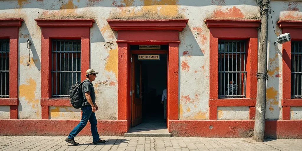 a man walking into a building with a backpack on his back and a backpack on his shoulder, with a red