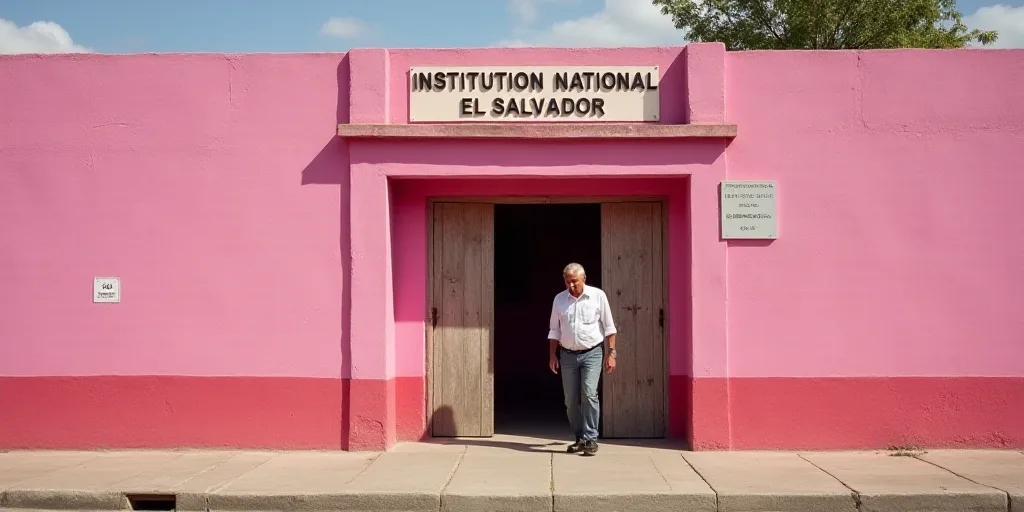 a man walking out of a pink building with a sign that says institution national el salvador on it's