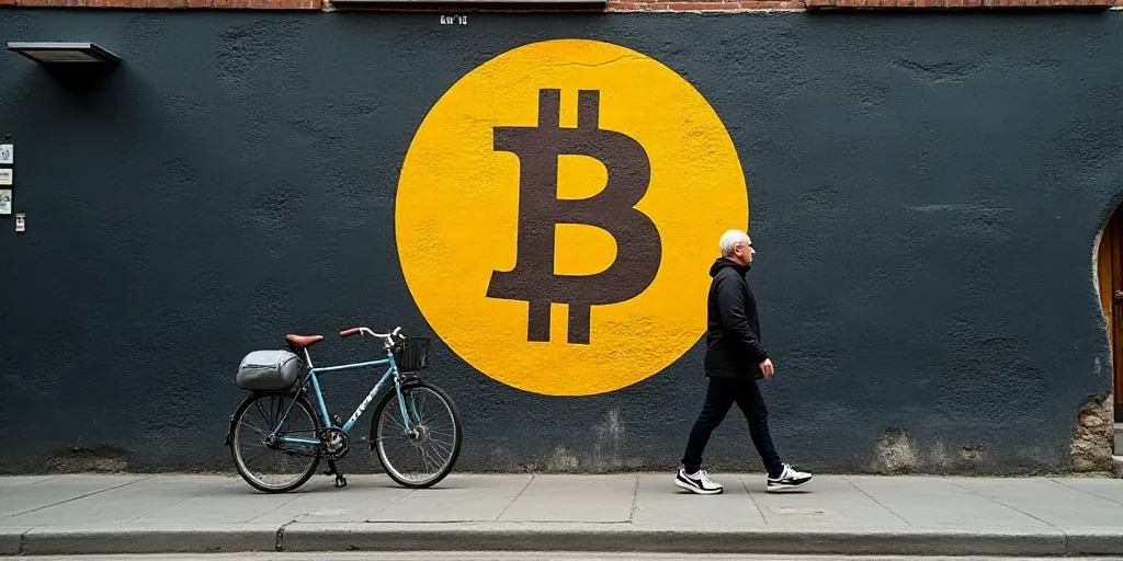 a man walking past a bitcoin sign on a building wall in a city street with a bicycle, Edi Rama, beha
