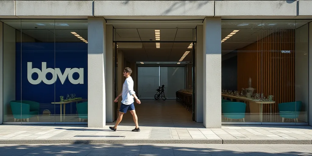 a man walking past a building with a bbva sign in the background and a man walking past it, Carlos B