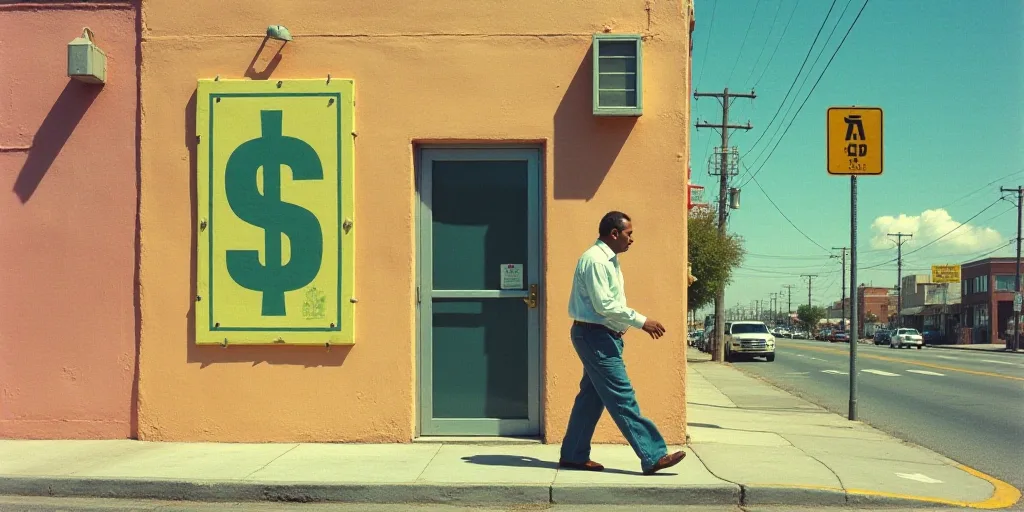 a man walking past a dollar bill sign and a sign for dollar bills on the side of a building, Estuard