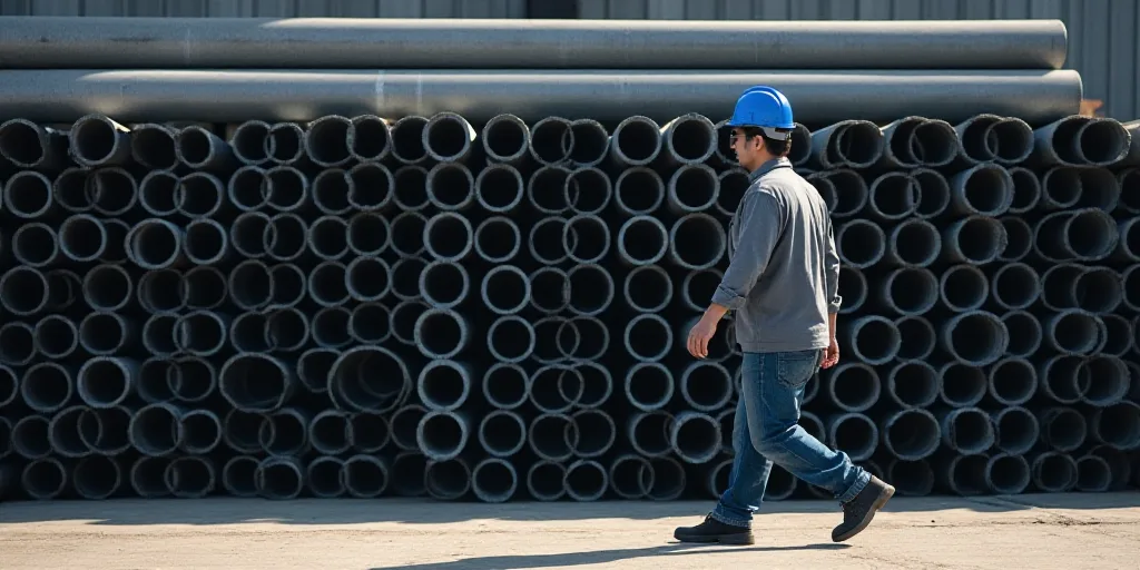 a man walking past a large stack of pipes and tubes in a factory yard, with a blue hard hat on, Cao