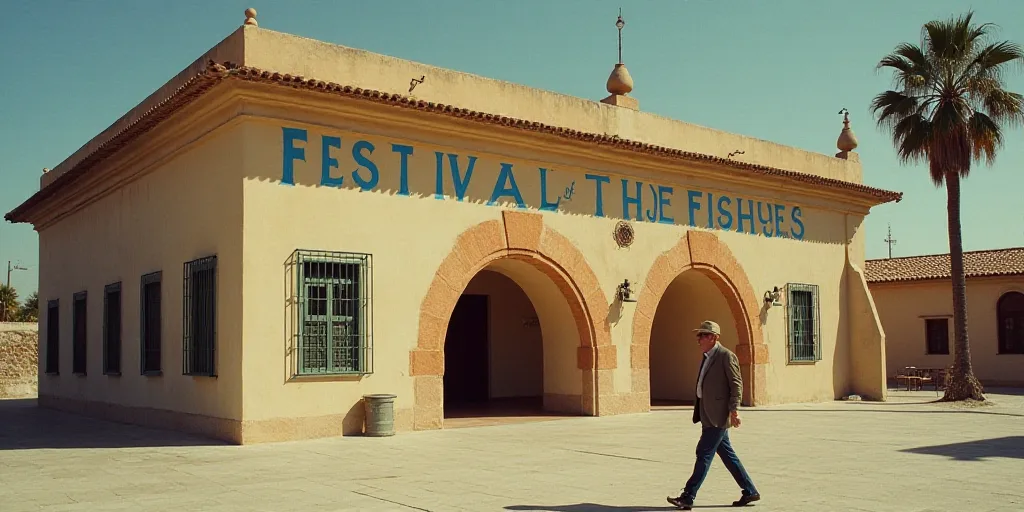 a man walking past a sign that says festival of the fishes in front of a building with a palm tree,