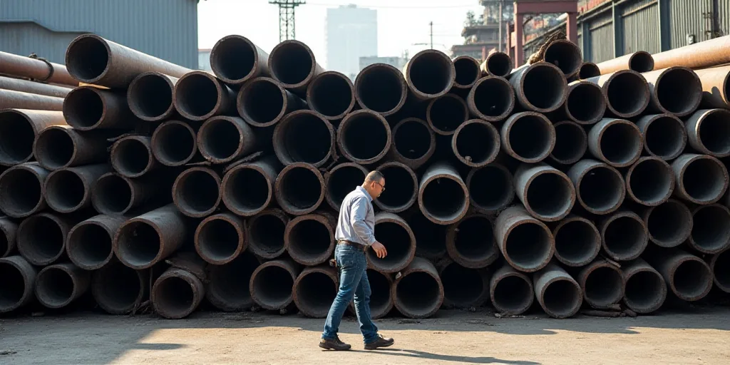 a man walking past a stack of steel pipes in a factory area of a city, china, asia, Cao Zhibai, mesh