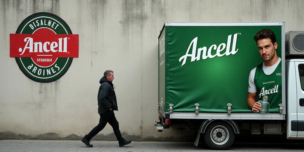 a man walking past a wall with a flag on it and a truck in the background with a man in a green vest