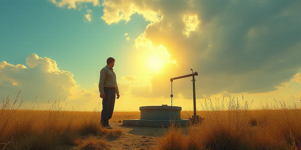 a man walking past a well in the middle of a field with a sky background and sun shining through the