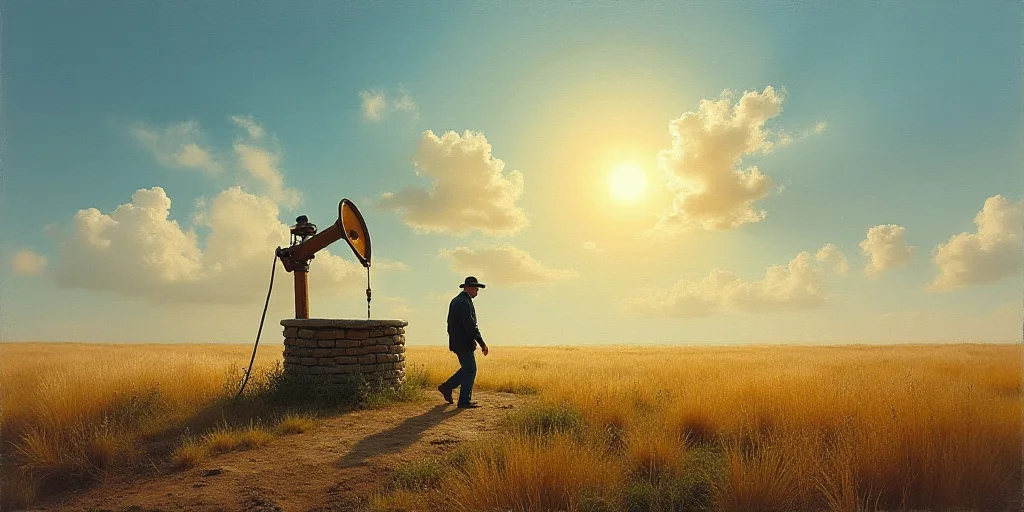 a man walking past a well in the middle of a field with a sky background and sun shining through the
