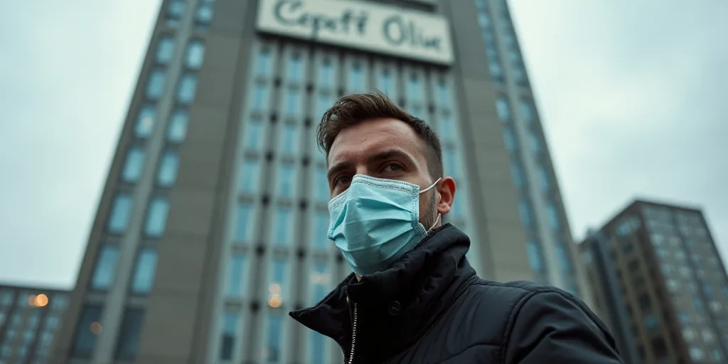 a man wearing a face mask standing in front of a tall building with a sign on it that says,, Ceferí