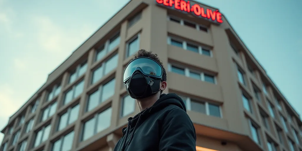 a man wearing a face mask standing in front of a tall building with a sign on it that says,, Ceferí