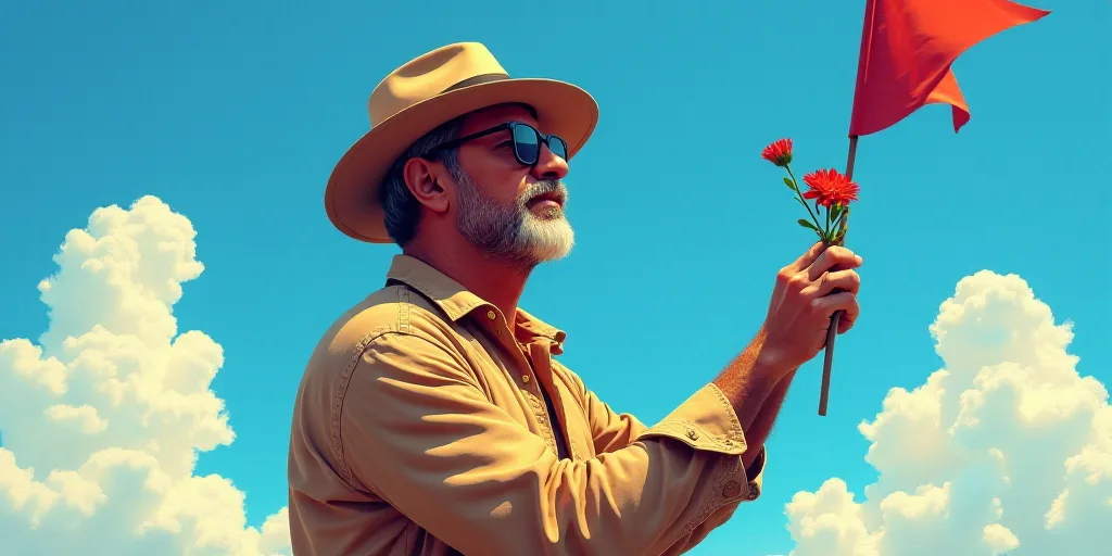 a man wearing a hat and glasses holding a flower and a flag in his hand and a blue sky in the backgr