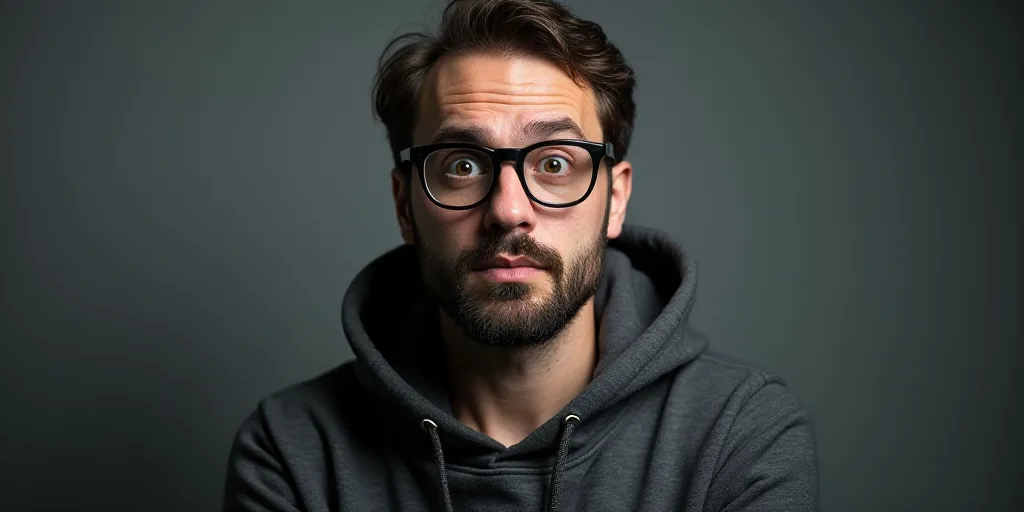 a man wearing glasses and a hoodie looks at the camera with a surprised look on his face and a serio