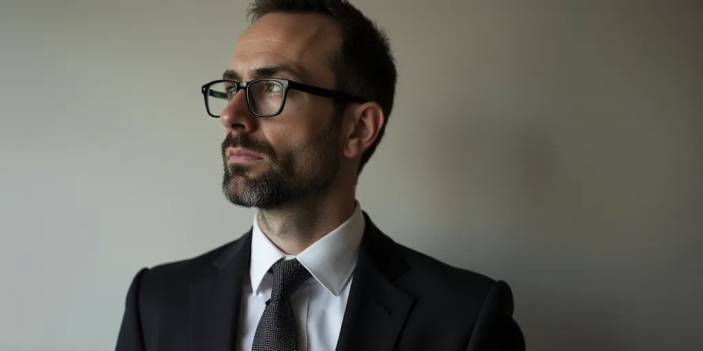 a man wearing glasses and a suit looks off to the side with a serious look on his face and shoulders