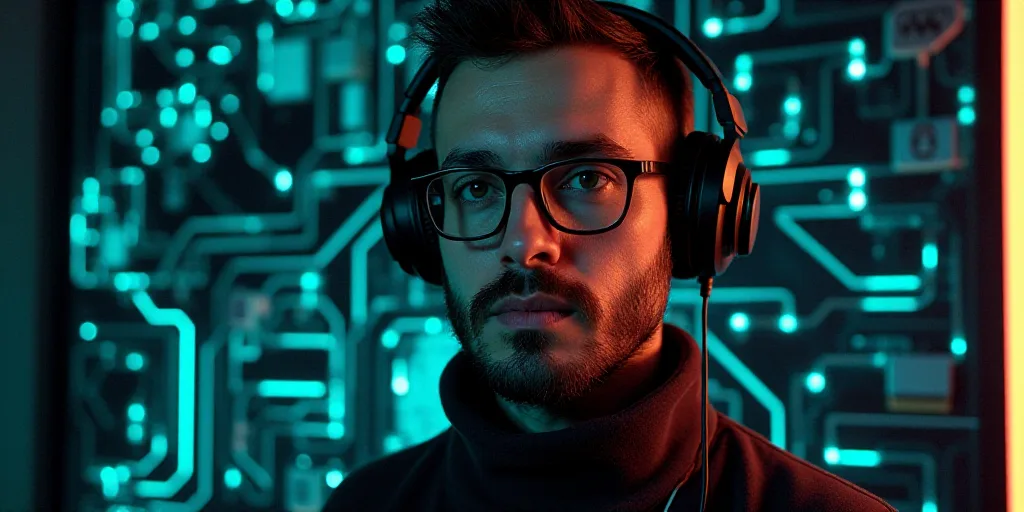 a man wearing headphones and glasses with a circuit board in the background and a digital image of h