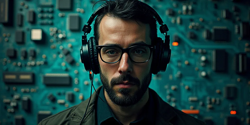 a man wearing headphones and glasses with a circuit board in the background and a digital image of h