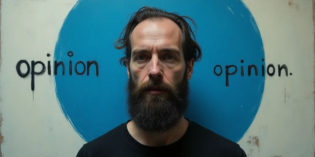 a man with a beard and a beard in a blue circle with the words,'opinion'on it, Barbara Longhi, horro