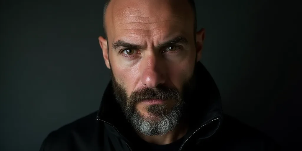 a man with a beard and a black jacket looking at the camera with a serious look on his face, Breyten