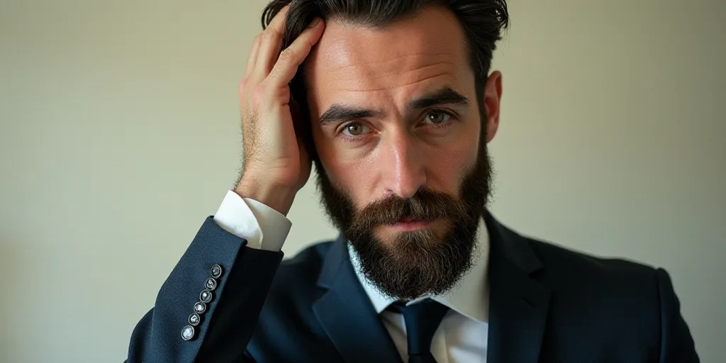 a man with a beard and a suit on is holding his head in his hand and looking at the camera, Carlos C