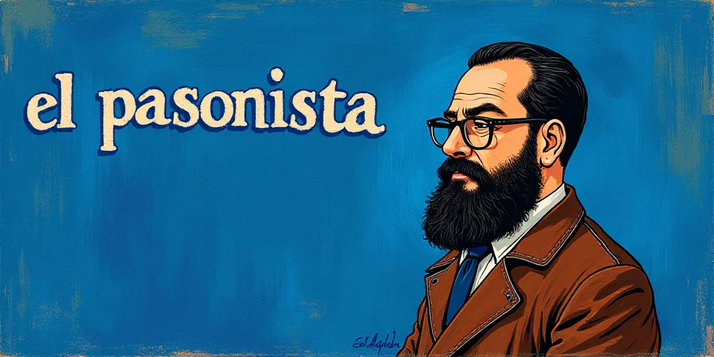 a man with a beard and glasses standing in front of a blue background with the words, el pasonista,