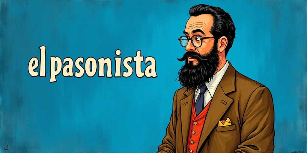 a man with a beard and glasses standing in front of a blue background with the words, el pasonista,