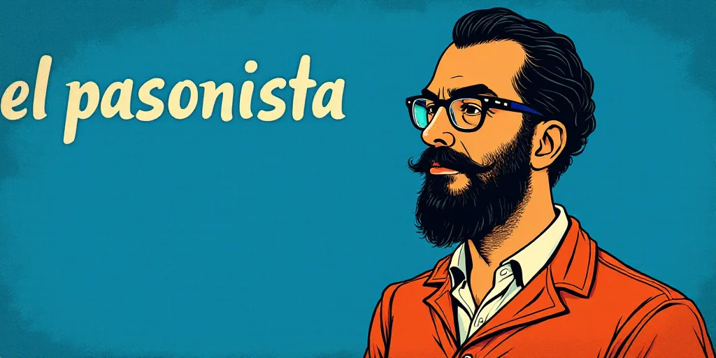 a man with a beard and glasses standing in front of a blue background with the words, el pasonista,