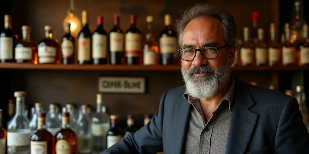 a man with a beard and glasses standing in front of a counter with bottles of liquor on it and a sig