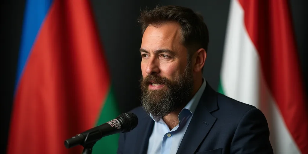 a man with a beard standing in front of two flags and a microphone in front of him is a microphone,